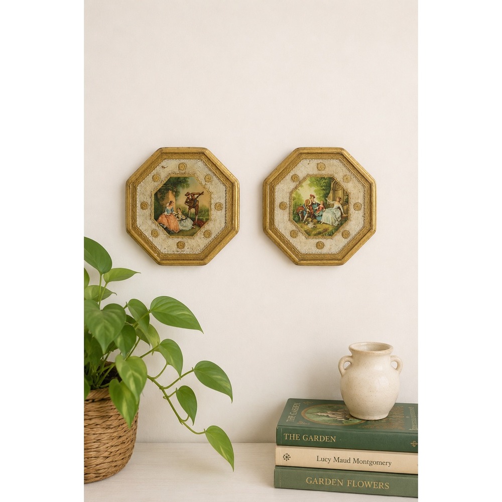 Vintage Italian Florentine Octagon Wood Plaques Gold Gilded Hollywood Regency